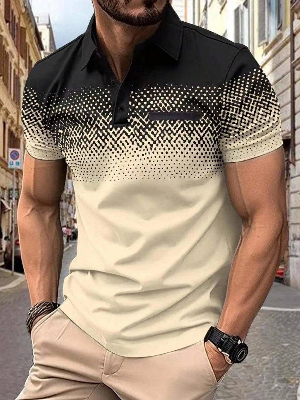 The 2025 summer new men's short-sleeved POLO shirt features a casual and fashionable 3D black dot pattern print
