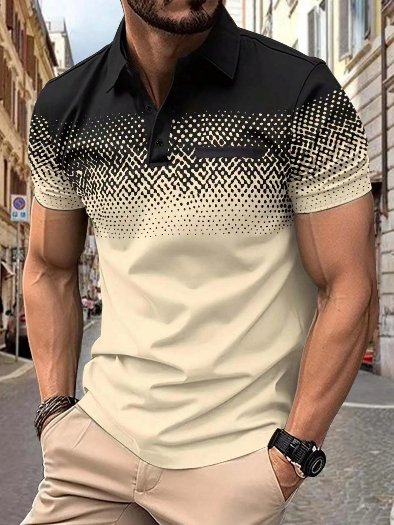 The 2025 summer new men's short-sleeved POLO shirt features a casual and fashionable 3D black dot pattern print