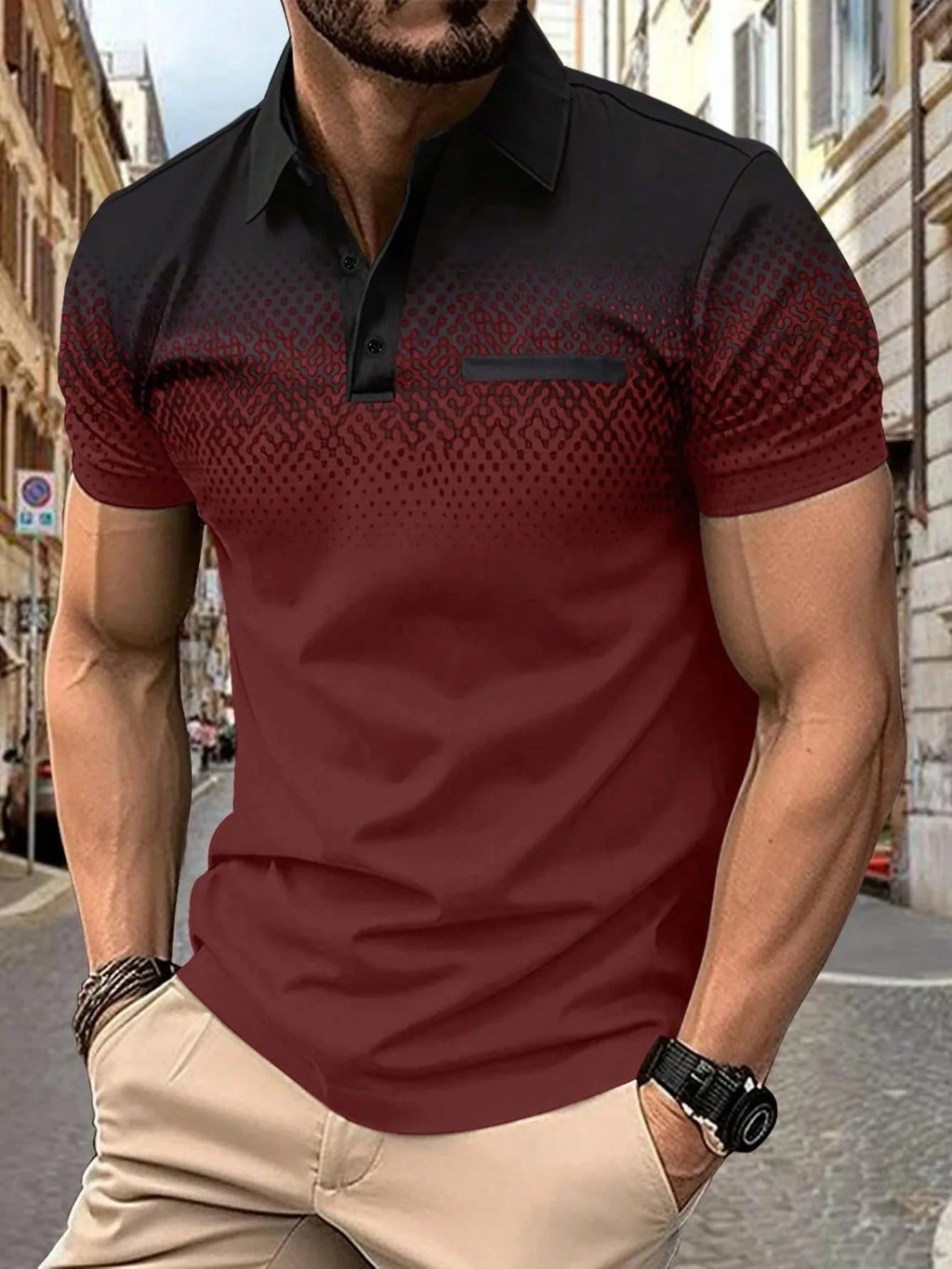 The 2025 summer new men's short-sleeved POLO shirt features a casual and fashionable 3D black dot pattern print